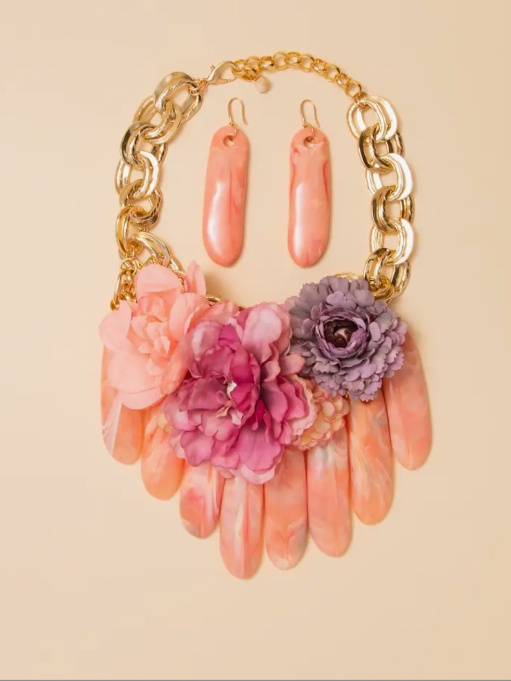 Gold Chain Coral-Pink Floral Statement Necklace with Matching Earrings